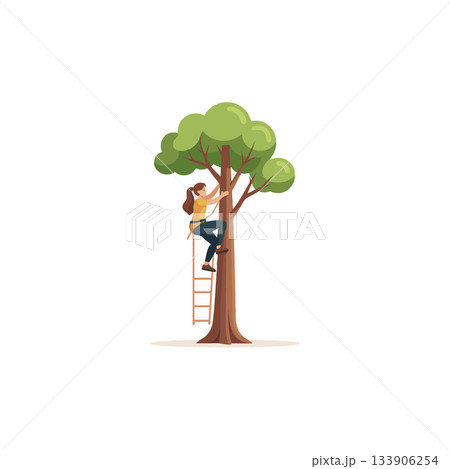 Woman climbs a tall tree using a ladder symbolizing adventure and growth on white background Woman climbs a tall tree using a ladder symbolizing adventure and growth on white background 133906254