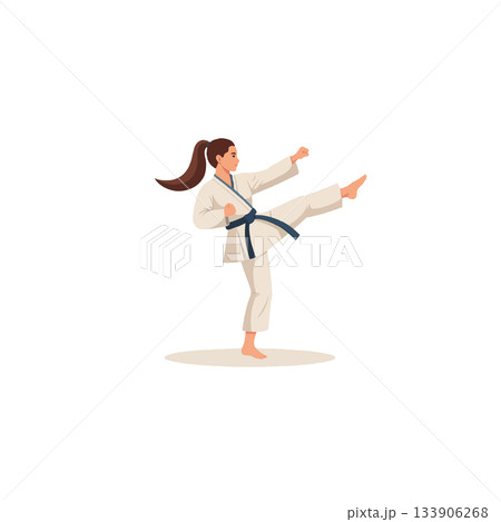 Focused martial arts practitioner demonstrates dynamic side kick technique with unwavering Focused martial arts practitioner demonstrates dynamic side kick technique with unwavering 133906268