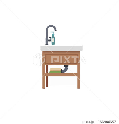 Minimalist bathroom vanity with brown cabinet and faucet creating a neat and organized ambience 133906357
