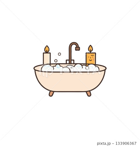 Relaxing bathtub scene adorned with bubbles and candles for a tranquil bathing experience, Relaxing bathtub scene adorned with bubbles and candles for a tranquil bathing experience, 133906367