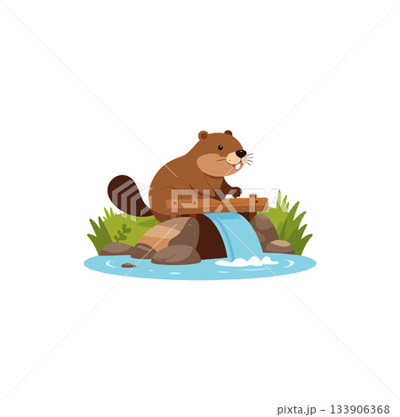 Cute beaver character cartoon illustration on a rocky island with a small waterfall and pond scene 133906368