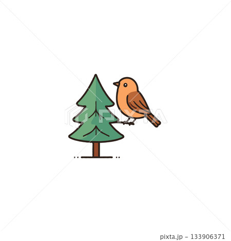 Charming scene depicting a small brown bird perched beside a vibrant green fir tree illustration 133906371