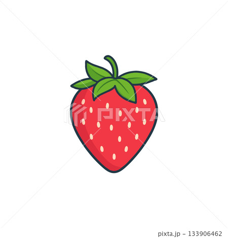 Vibrant strawberry fruit depiction showcasing sweet berry with green foliage against stark Vibrant strawberry fruit depiction showcasing sweet berry with green foliage against stark 133906462