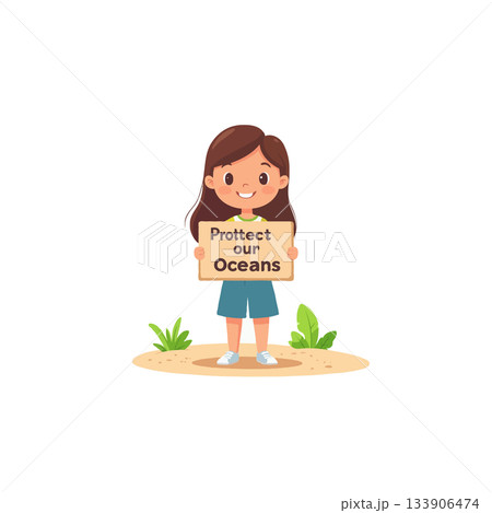 Girl advocates protecting oceans holding a sign in a whimsical scene promoting ocean conservation 133906474
