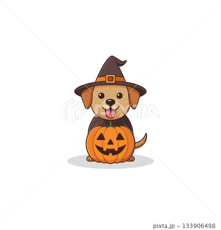 A charming cartoon dog embodies the spirit of Halloween, ready for a costume party with his A charming cartoon dog embodies the spirit of Halloween, ready for a costume party with his 133906498