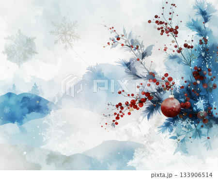 淡い青と白のグラデーションに滲む冬の風景。赤い実とモミの枝が彩る、幻想的な水彩画風クリスマスアート 133906514