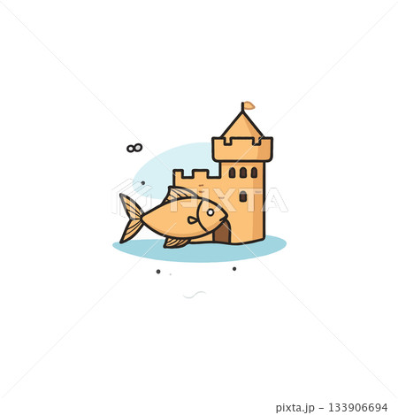 Whimsical aquatic illustration featuring a golden fish juxtaposed with a cartoonish sandcastle Whimsical aquatic illustration featuring a golden fish juxtaposed with a cartoonish sandcastle 133906694