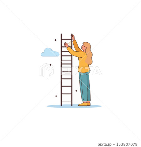 Reaching higher goals: A woman climbs a ladder towards aspirations and ambitions in the sky 133907079