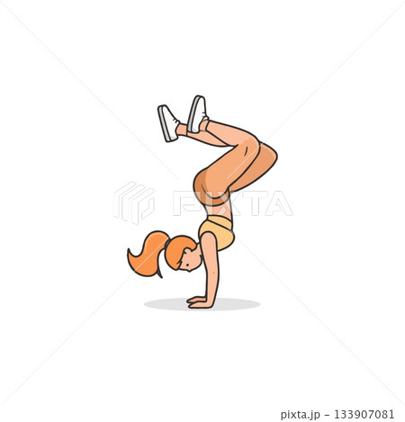 Redhead girl demonstrating a handstand yoga pose for flexibility and fitness workout with Redhead girl demonstrating a handstand yoga pose for flexibility and fitness workout with 133907081