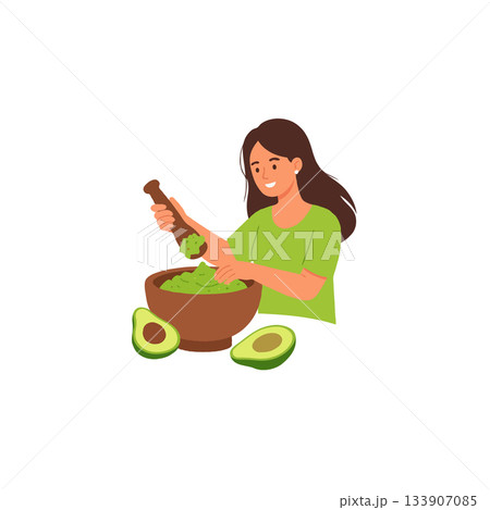 Envisioning a woman preparing fresh guacamole with traditional mortar and pestle ingredients for 133907085