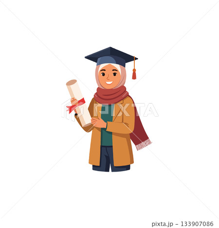 Celebrating academic achievement, a muslim graduate proudly holds diploma after successful 133907086
