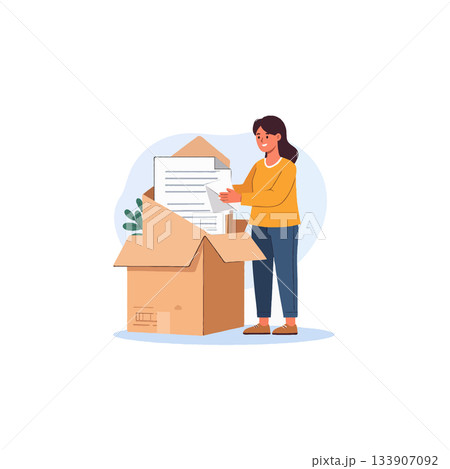 Woman sorting through paperwork and documents from a cardboard box preparing for organization Woman sorting through paperwork and documents from a cardboard box preparing for organization 133907092