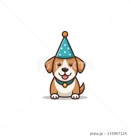 Celebration puppy illustration: A cheerful birthday dog wearing a polka dotted party hat for 133907124