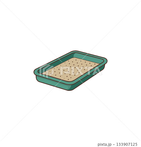 Isolated illustration of a green rectangular tray filled with speckled granular material on a Isolated illustration of a green rectangular tray filled with speckled granular material on a 133907125