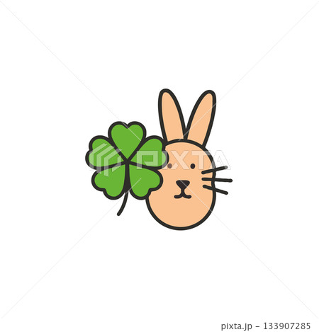 Whimsical lucky rabbit illustration with a four leaf clover radiating charm and happy simple design 133907285