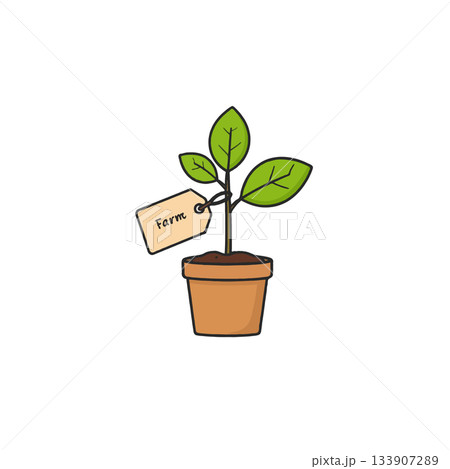 Cultivating growth: A seedling in a pot with a farm label, representing sustainable agriculture Cultivating growth: A seedling in a pot with a farm label, representing sustainable agriculture 133907289