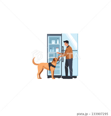 Person interacting with assistance pet near open refrigerator in the kitchen during day happy moment 133907295