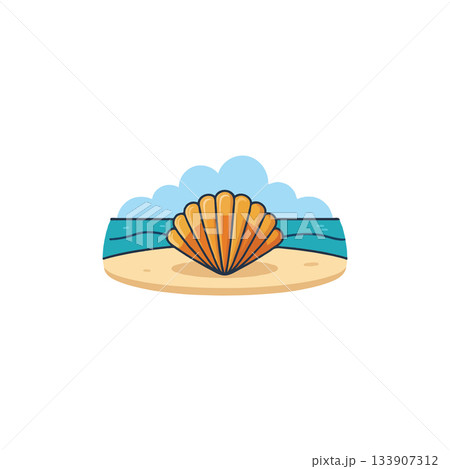 Stylized seashell illustration with coastal backdrop evoking tranquil beach vibes and summer 133907312