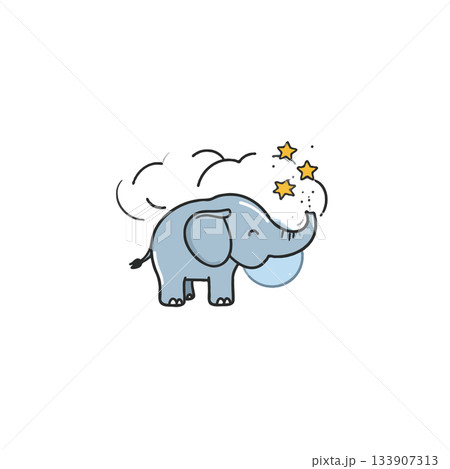 Whimsical baby elephant blowing stars with playful clouds animation illustration design element 133907313