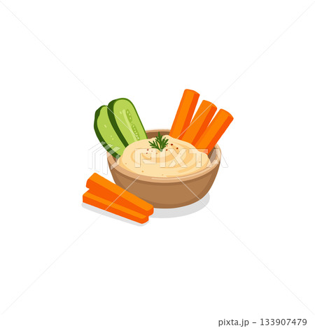 Delightful hummus arrangement with fresh crunchy carrots and cucumber offering healthy snack 133907479