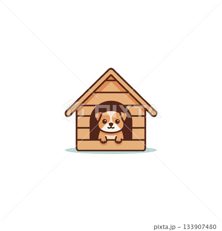Adorable puppy looks out from its cozy wooden doghouse in a charming cartoon illustration creating 133907480