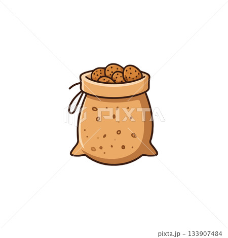 Rustic sack of speckled pastries presents a delightful cartoonish charm offering a simple image 133907484