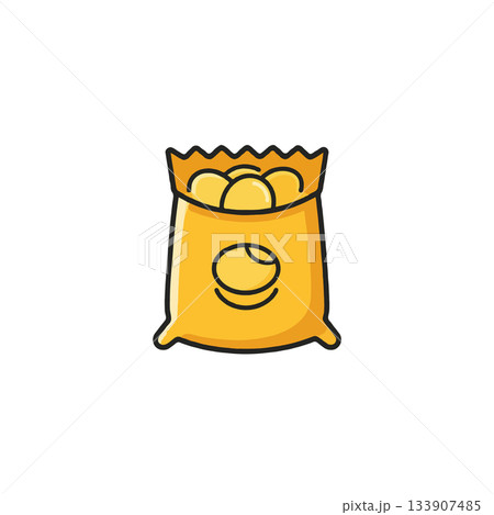 Cartoon depiction of a bag filled with golden potato chips, showcasing a snack time treat Cartoon depiction of a bag filled with golden potato chips, showcasing a snack time treat 133907485