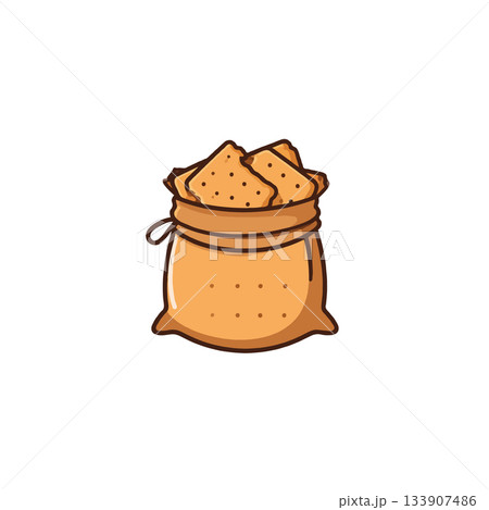 A charming burlap sack overflows with crispy delicious crackers for a delightful snack food A charming burlap sack overflows with crispy delicious crackers for a delightful snack food 133907486