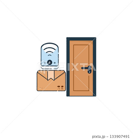 Depiction of modern package delivery system utilizing wireless technology beside a secured door Depiction of modern package delivery system utilizing wireless technology beside a secured door 133907491