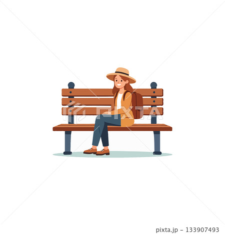 Young woman rests on wooden bench enjoying tranquility after leisurely hike wearing hat and 133907493