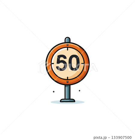 Stylized depiction of circular speed limit sign displaying number fifty speed limit icon with bold 133907500