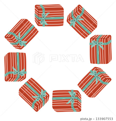 Vector illustration of a circular frame made of red gift boxes tied with ribbons. A festive Christmas border perfect for holiday cards, labels, packaging, and seasonal graphic design. Vector illustration of a circular frame made of red gift boxes tied with ribbons. A festive Christmas border perfect for holiday cards, labels, packaging, and seasonal graphic design. 133907553