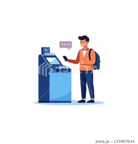 Man interacts with atm machine using mobile banking app for seamless digital transactions on the Man interacts with atm machine using mobile banking app for seamless digital transactions on the 133907634