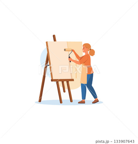 Woman painting canvas with roller creates unique artwork in colorful illustrative style inside art 133907643
