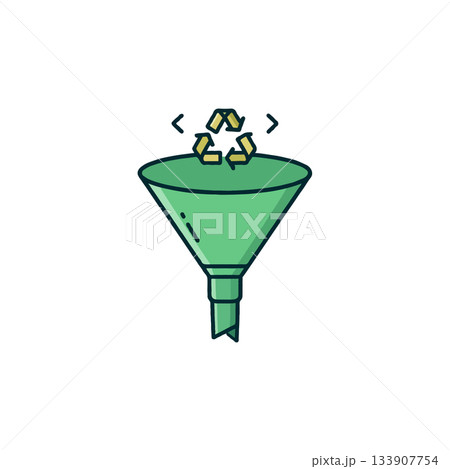 Green funnel with recycling symbol above depicts sustainable practices for efficient waste 133907754