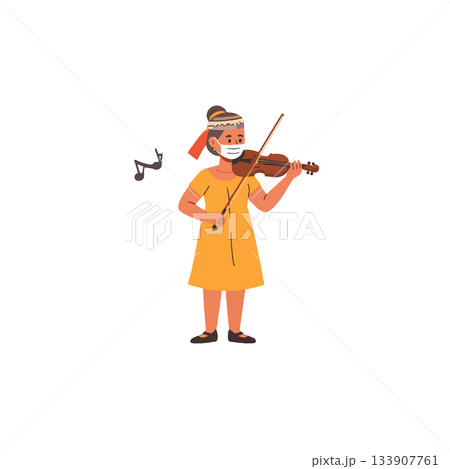 Young violinist practicing during pandemic shows passion playing musical instrument in difficult 133907761