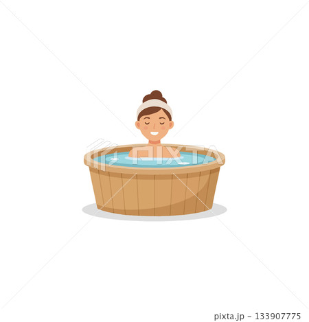 Serene woman enjoying relaxation in a wooden tub filled with water for a therapeutic spa experience 133907775