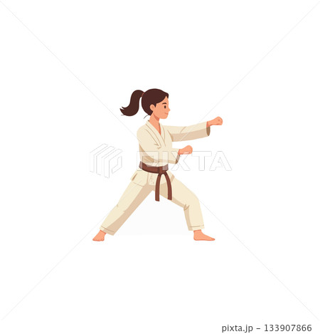 Female martial artist demonstrating a punch during a karate training session in a bright dojo for Female martial artist demonstrating a punch during a karate training session in a bright dojo for 133907866