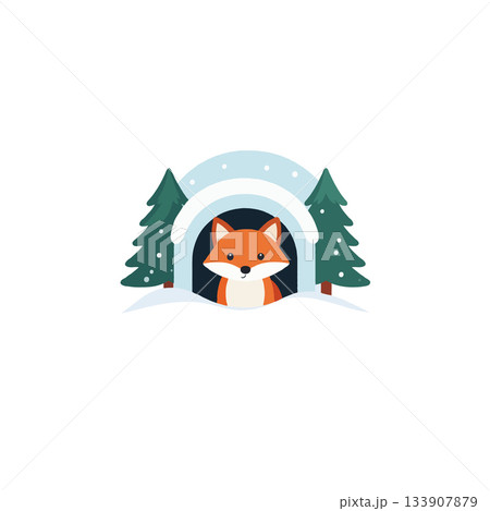 Charming fox nestled within a whimsical winter scene amidst snowy trees and a snow covered archway 133907879