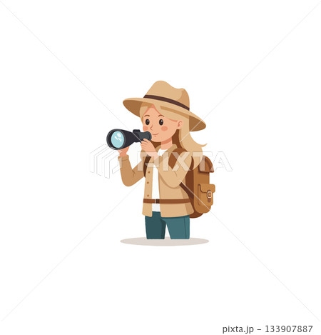 Enthusiastic explorer with backpack observes distant landscapes attentively using her binoculars 133907887