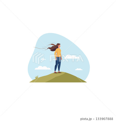 Woman standing atop a grassy hill gazing out at the sky a sense of aspiration and contemplation Woman standing atop a grassy hill gazing out at the sky a sense of aspiration and contemplation 133907888