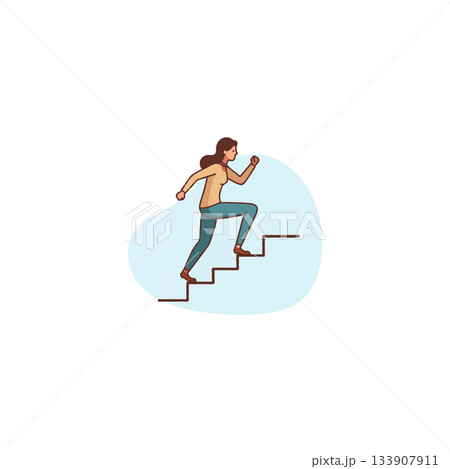 Determined woman climbs staircase toward achievement illustrating perseverance advancement and Determined woman climbs staircase toward achievement illustrating perseverance advancement and 133907911