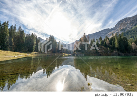 Chapel Maria by the lake Summer time at romantic forest Lake Obernberg scenic mountain lakes landscape in Austria, Tyrol 133907935