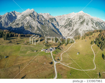 Walderalm Gnadenwald scenic landscape view Nordkette mountain alps in Tyrol aerial view of Alps near Innsbruck Austria Walderalm Gnadenwald scenic landscape view Nordkette mountain alps in Tyrol aerial view of Alps near Innsbruck Austria 133907961