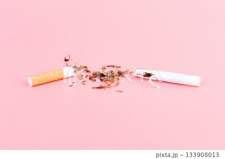cigarette butts torn on pink background cigarette butts torn on pink background 133908013