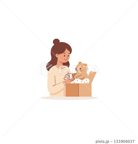 A young woman thoughtfully assembling a charming teddy bear toy from a cardboard box present A young woman thoughtfully assembling a charming teddy bear toy from a cardboard box present 133908037