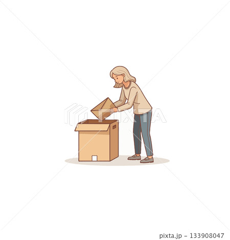 Woman carefully placing a smaller cardboard box into a larger container preparing for relocation 133908047