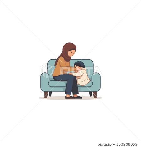 A heartwarming illustration of a mother in hijab consoling her child on a turquoise sofa offering A heartwarming illustration of a mother in hijab consoling her child on a turquoise sofa offering 133908059