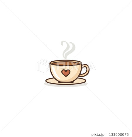 A steaming coffee cup vector art portraying warm beverage adorned with a heart symbol and subtle 133908076