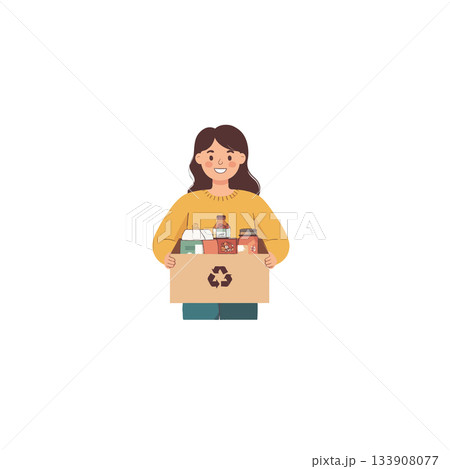 Young woman holding a recycling cardboard box with an ecological symbol, emphasizing sustainable 133908077